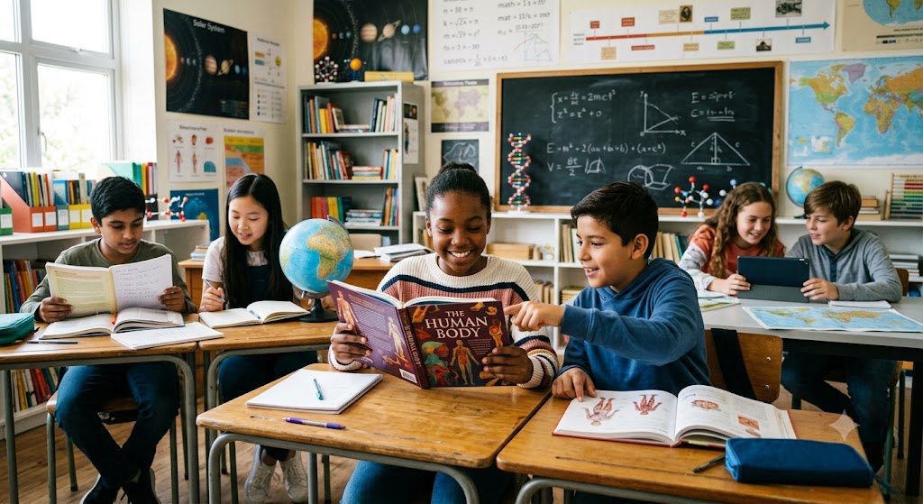 Education helps acquire knowledge: Students collaborating and studying in a well-resourced classroom environment.