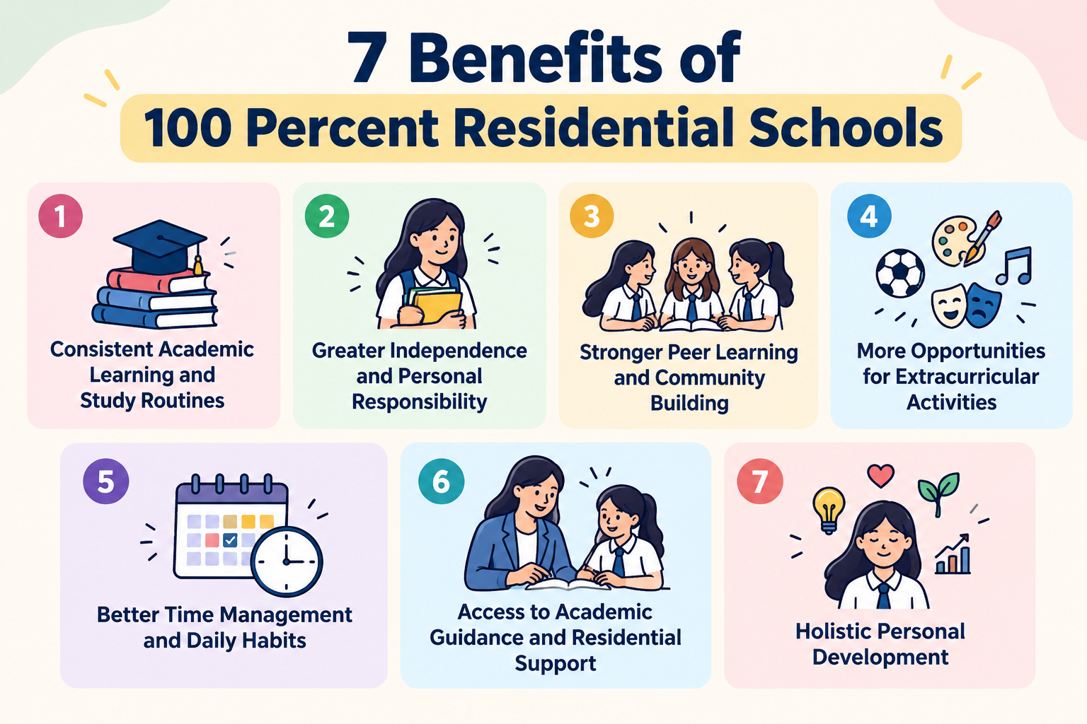 7 benefits of 100 percent residential schools, including academic growth, independence, peer learning, and holistic student development