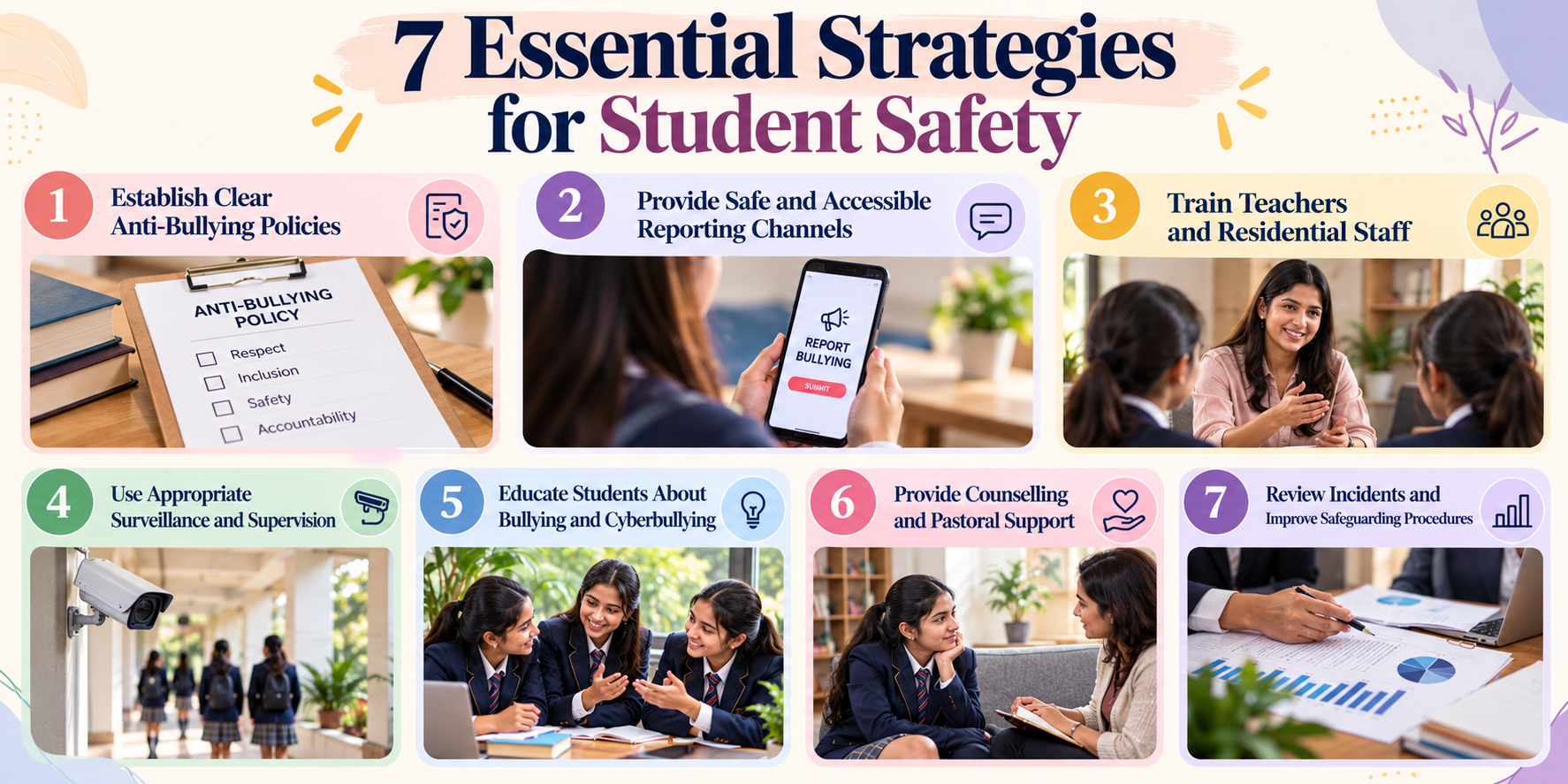 7 essential strategies for student safety in boarding schools, including anti-bullying policies, safe reporting channels, staff training, supervision, counselling, and safeguarding reviews