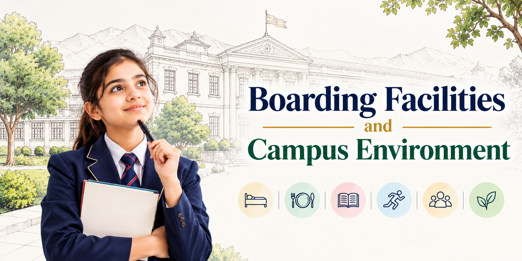 Boarding facilities and campus environment at Mussoorie International School and Dehradun girls' boarding schools, highlighting hostel accommodation, study spaces, dining areas, and recreational facilities