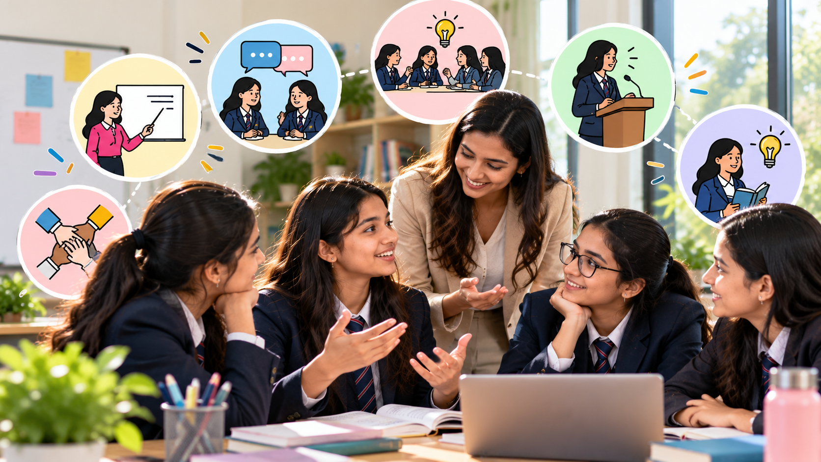 : How schools can encourage communication skills for teenage girls through classroom discussions and group activities