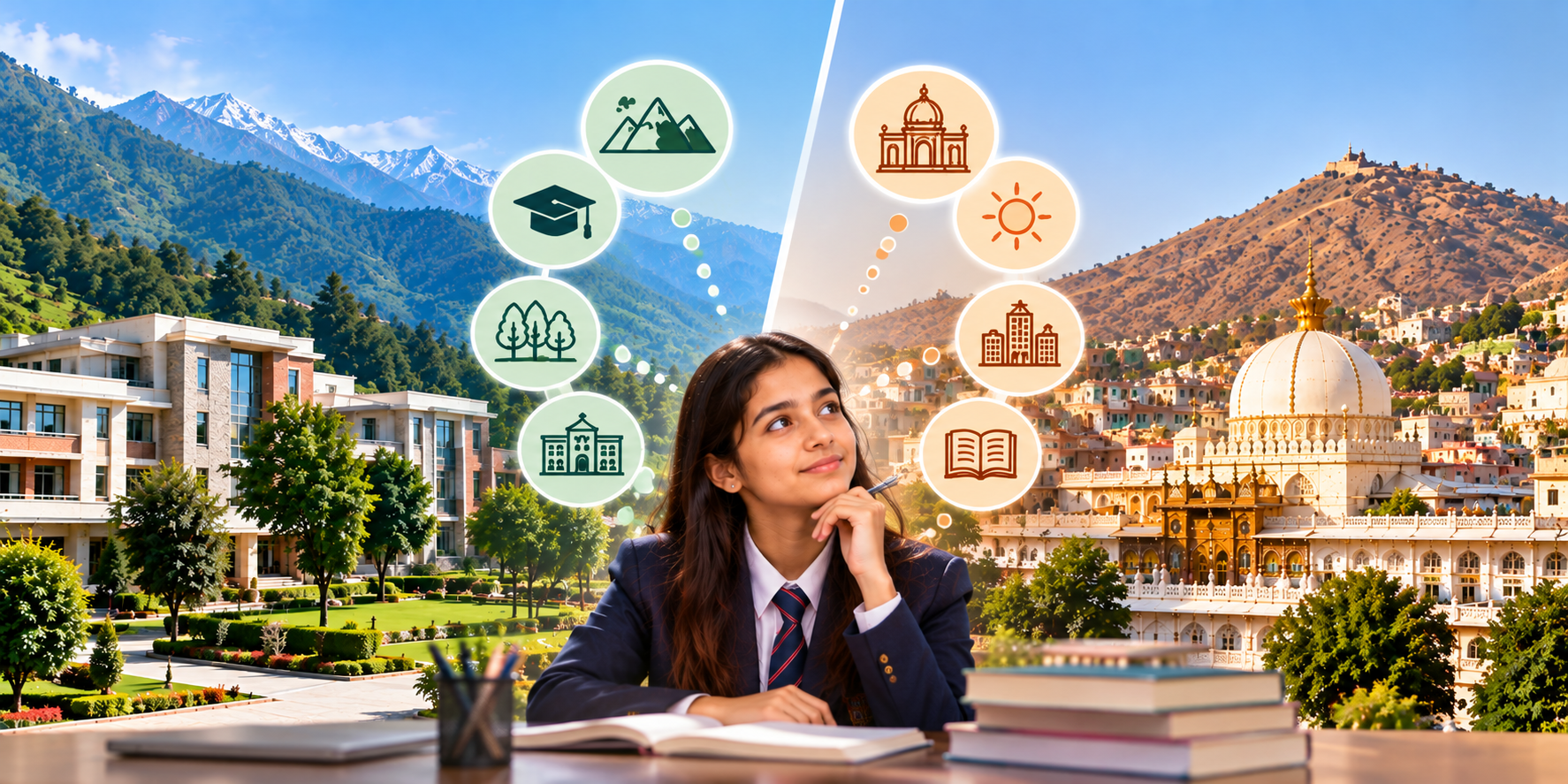 Why compare Dehradun and Ajmer for girls boarding schools, highlighting their educational institutions, academic opportunities, residential facilities, and campus environments.