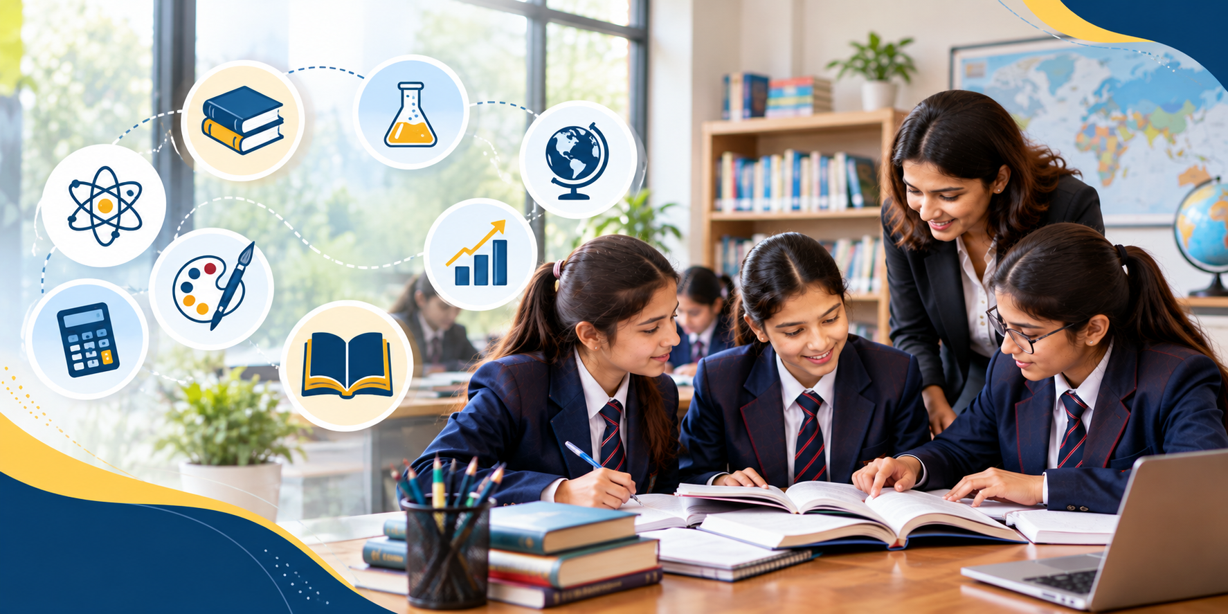 Academic environment and curriculum in girls' boarding schools, showcasing classroom learning, qualified teachers, educational resources, and diverse academic programmes.