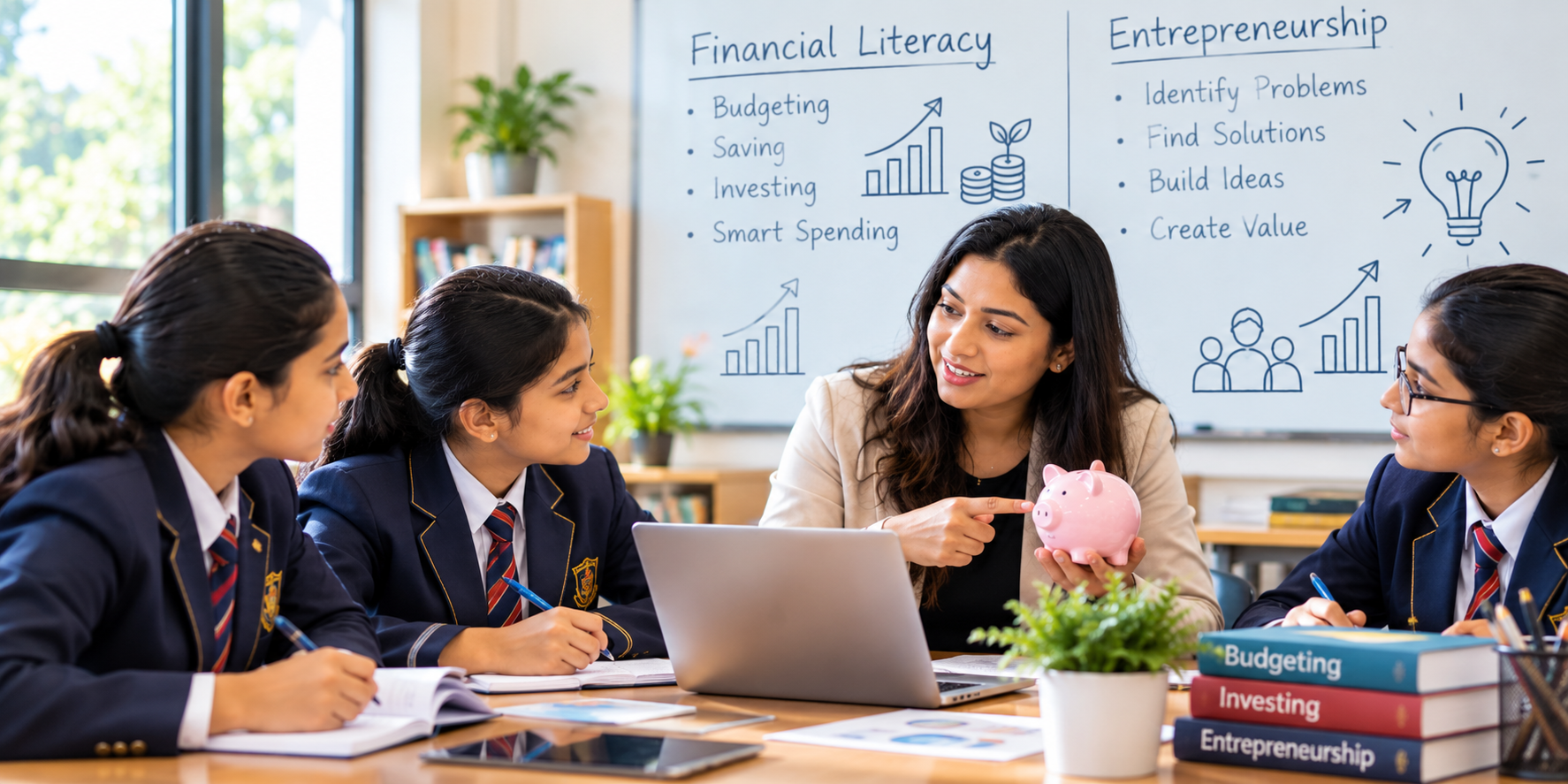 7 benefits of financial literacy and entrepreneurship clubs in girls' schools, including budgeting, leadership, and business skills