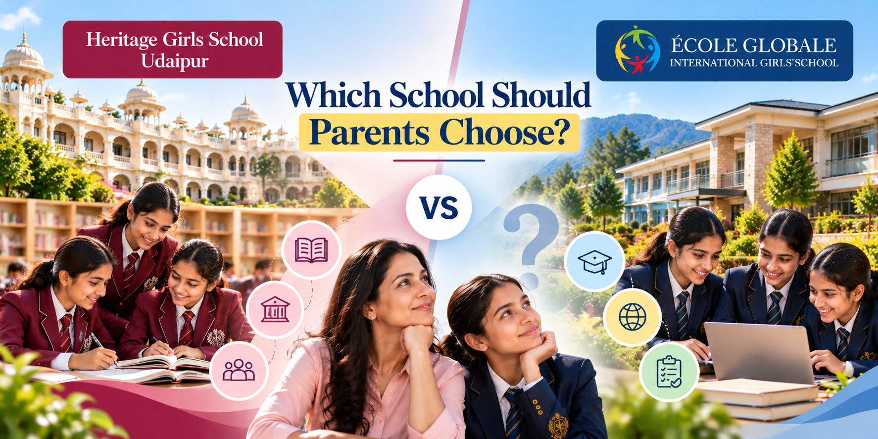 Which school should parents choose between Heritage Girls School Udaipur and Ecole Globale International School