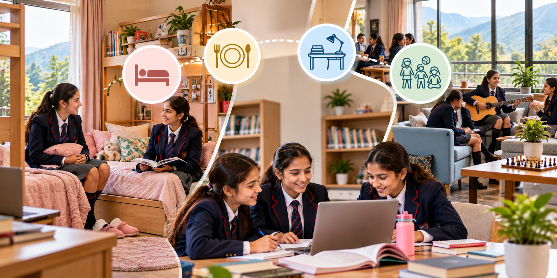 Boarding facilities and residential life in girls' boarding schools, showcasing hostel accommodation, comfortable living spaces, dining facilities, and supervised student activities.